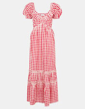 Gingham Print Puff Sleeve Maxi Dress, Red (RED), large