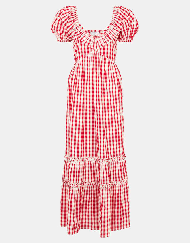Gingham Print Puff Sleeve Maxi Dress, Red (RED), large