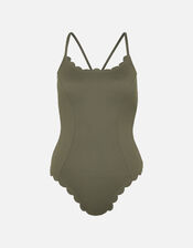 Scallop Edge Textured Swimsuit, Green (KHAKI), large