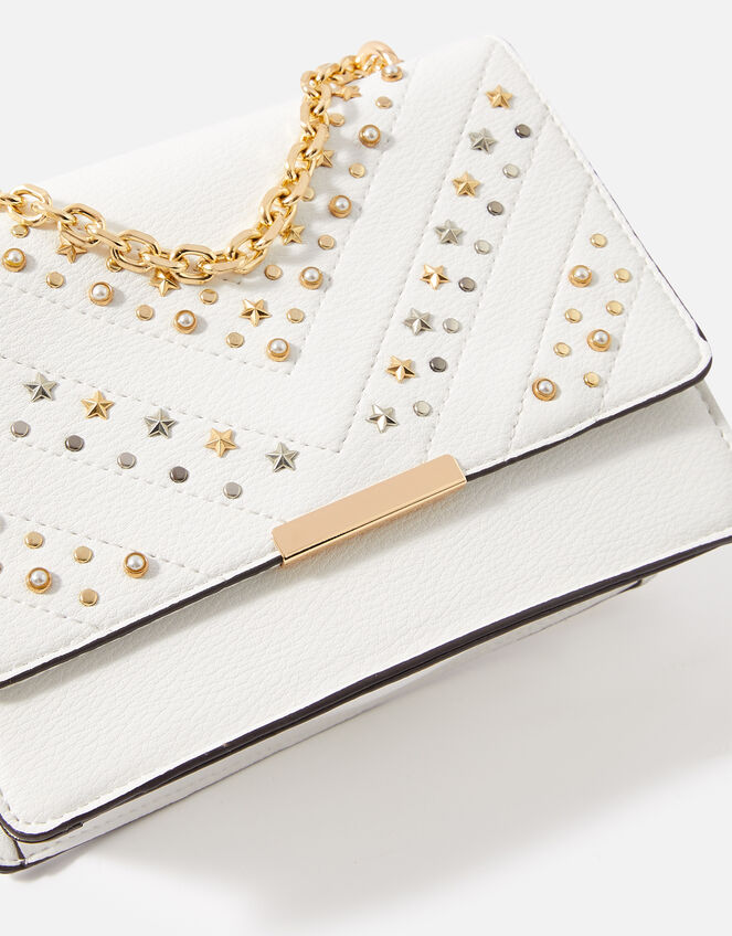 Studded Shoulder Chain Bag, White (WHITE), large