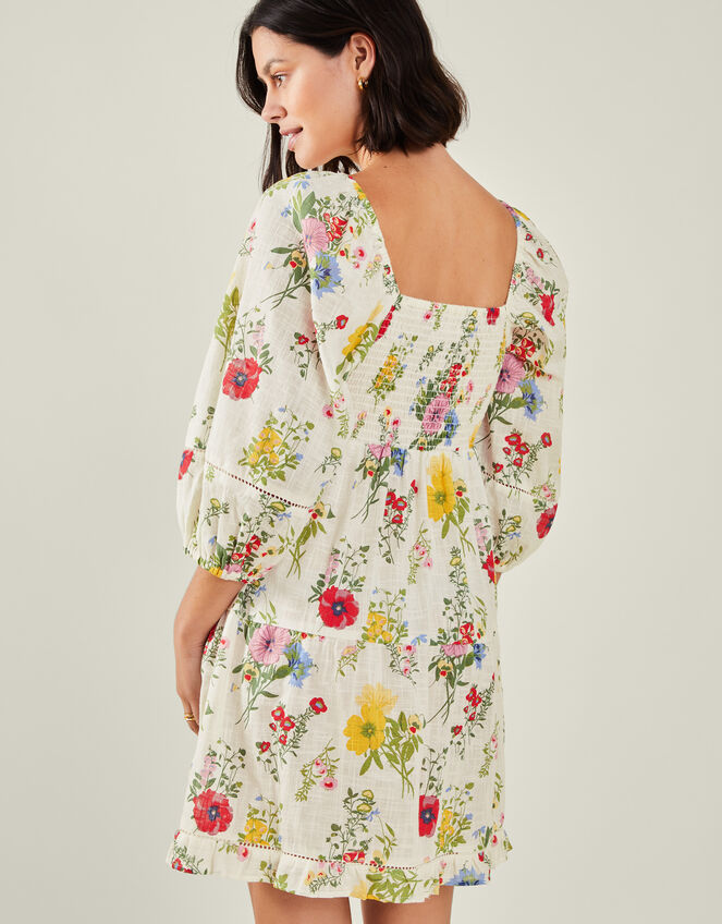 Puff Sleeve Floral Smocked Mini Dress, Ivory (IVORY), large