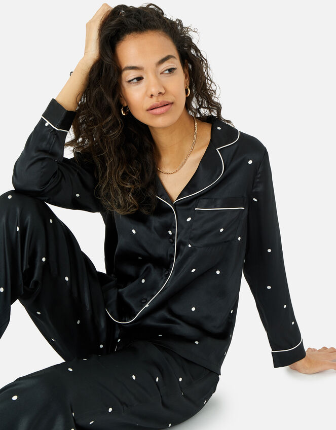 Spot Print Satin PJ Set, Black (BLACK WHITE), large