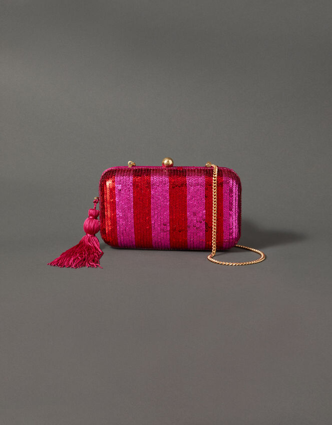 Sequin Stripe Hardcase Clutch Bag, , large