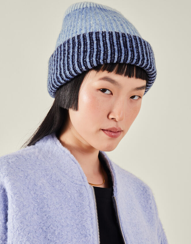 Colour Block Ribbed Knit Beanie Hat, , large