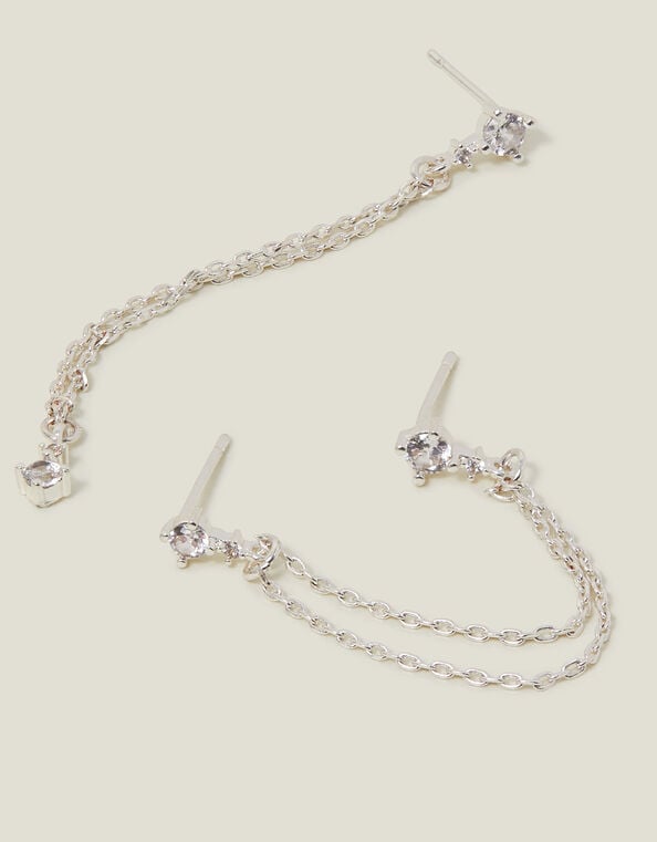 Sterling Silver-Plated Diamante Chain Drop Earrings, , large