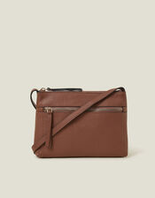 Zip Detail Leather Cross-Body Bag, Tan (TAN), large