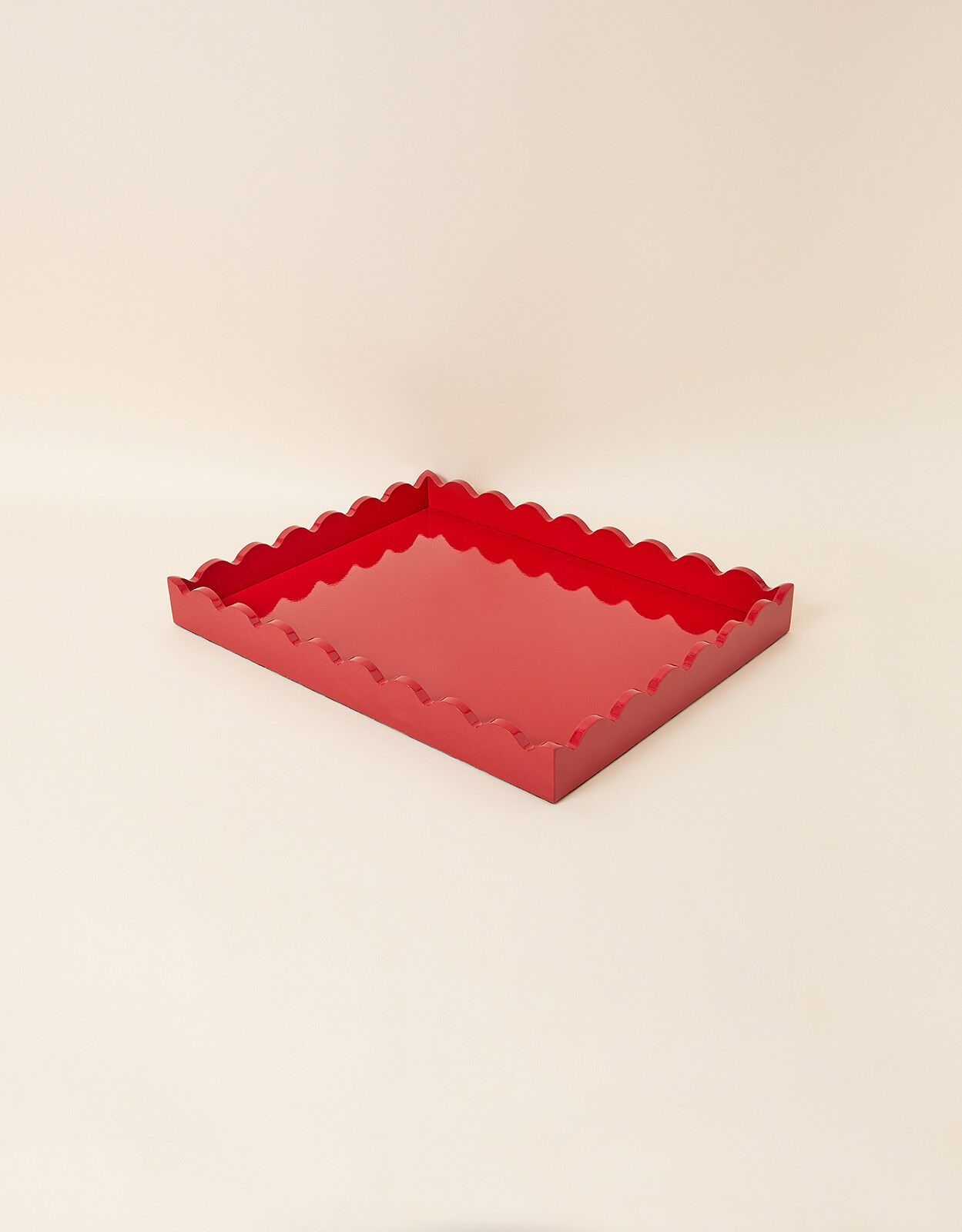 Large Glossy Wooden Tray with Scalloped Edge