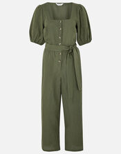 Puff Sleeve Jumpsuit in Linen Blend, Green (KHAKI), large