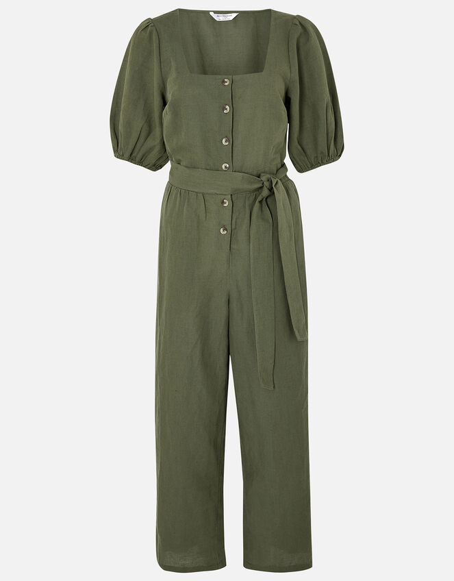 Puff Sleeve Jumpsuit in Linen Blend, Green (KHAKI), large
