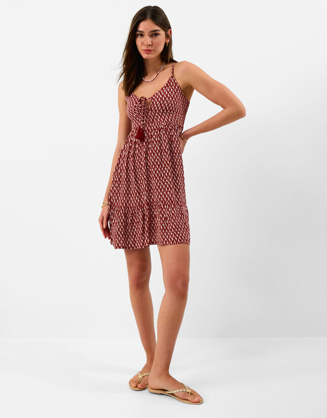 Flower Print Mini Dress, Red (BURGUNDY), large