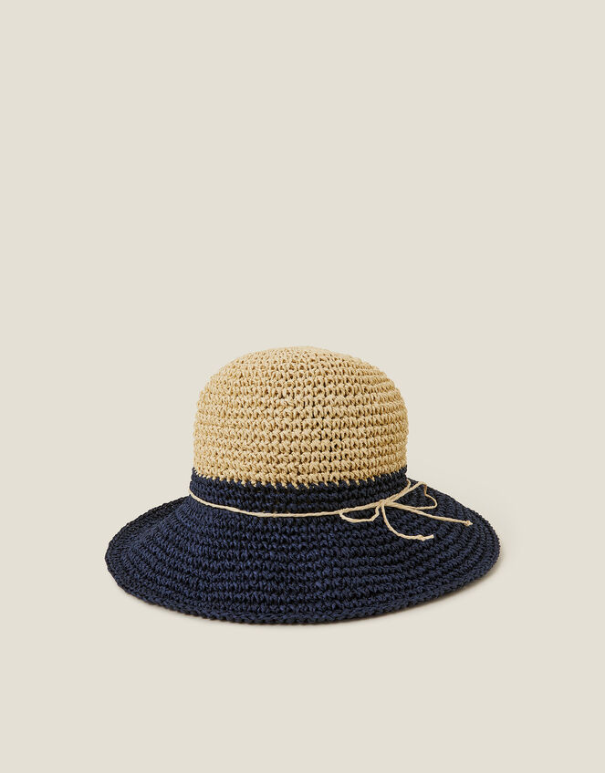 Two-Tone Straw Bucket Hat Navy, , large