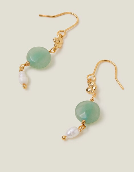 14ct Gold-Plated Pearl and Stone Drop Earrings, , large