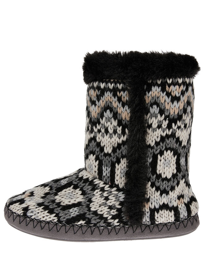 Fairisle Knit Slipper Boots, Black (BLACK/WHITE), large