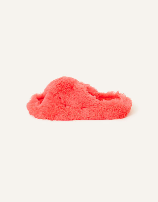 Faux Fur Crossover Sliders, Orange (CORAL), large