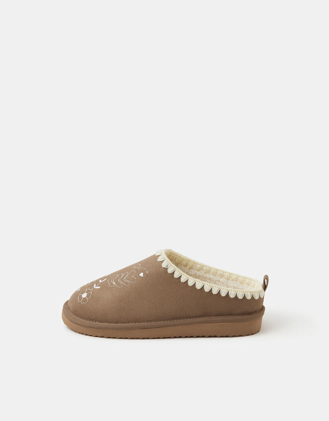 Heart Embroidered Mule Slippers, Brown (BROWN), large