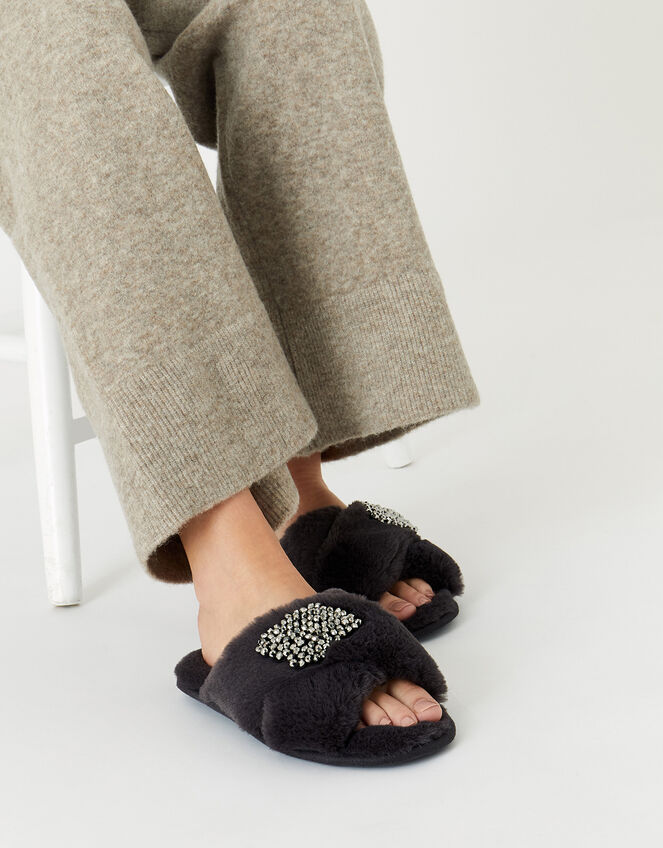 Beaded Fluffy Cross-Over Slippers, Grey (GREY), large