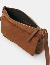 Fold Over Zip Leather Crossbody Bag, Tan (TAN), large