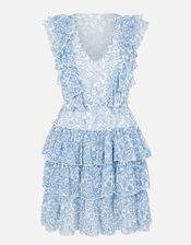 Paisley Floral Mini Ruffle Dress, Blue (BLUE), large