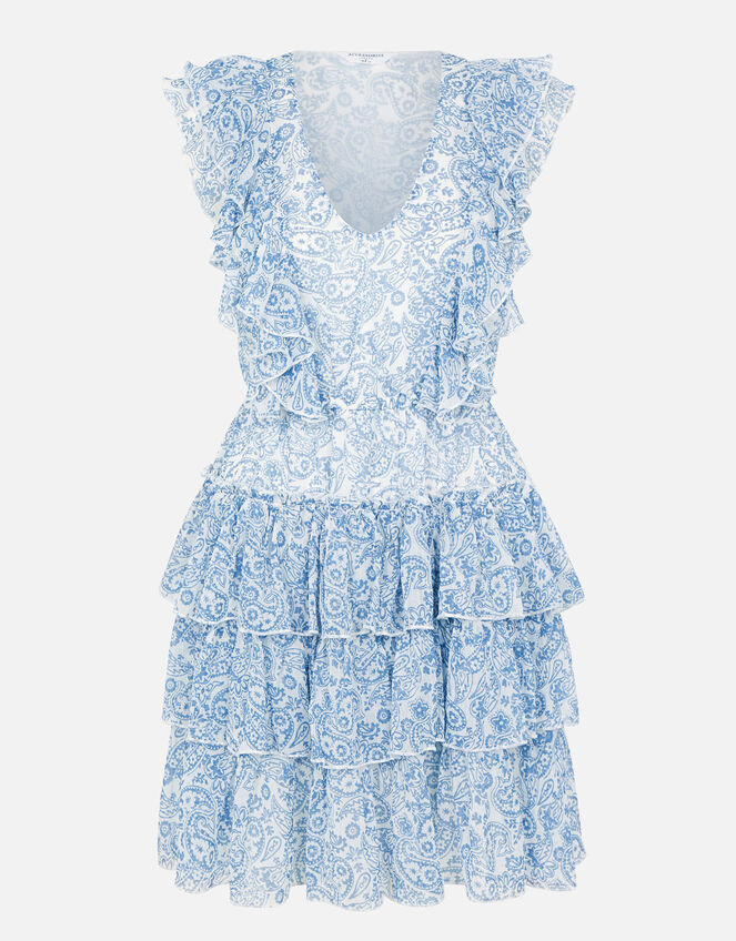 Paisley Floral Mini Ruffle Dress, Blue (BLUE), large