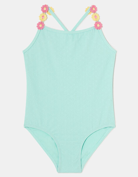 Girls Flower Strap Swimsuit , Blue (BLUE), large