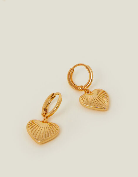 14ct Gold-Plated Ridge Heart Drop Hoop Earrings, , large