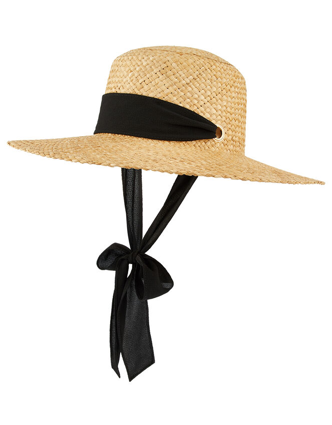 Straw Boater with Chiffon Tie, , large