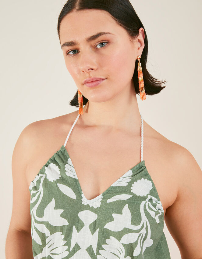 Ornamental Print Halter Jumpsuit, Green (KHAKI), large