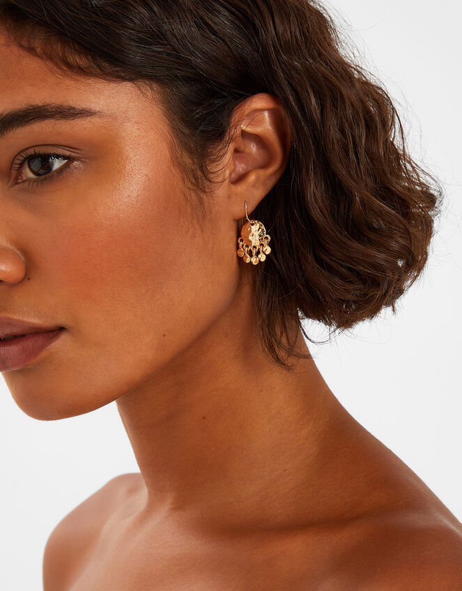 Small Hammered Disc Chandelier Earrings Gold, , large