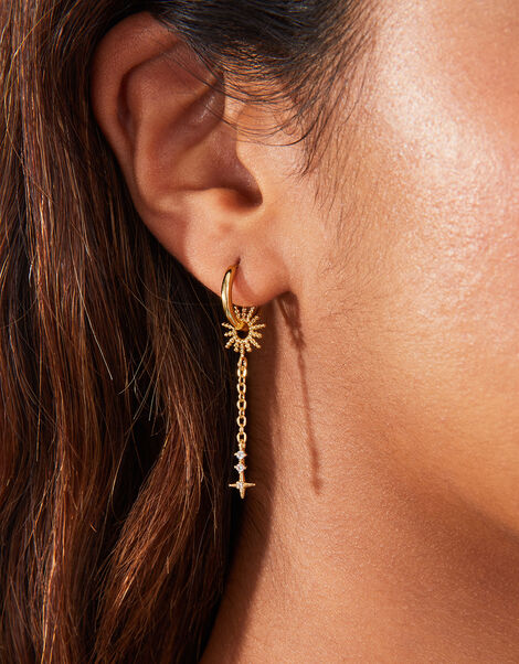 14ct Gold-Plated Sun Chain Huggie Hoops, , large