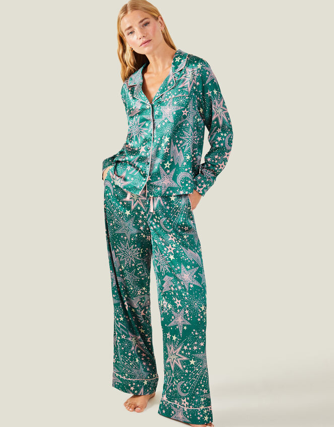 Star Print Satin Pyjama Set Teal | Leggings & Joggers | Accessorize UK