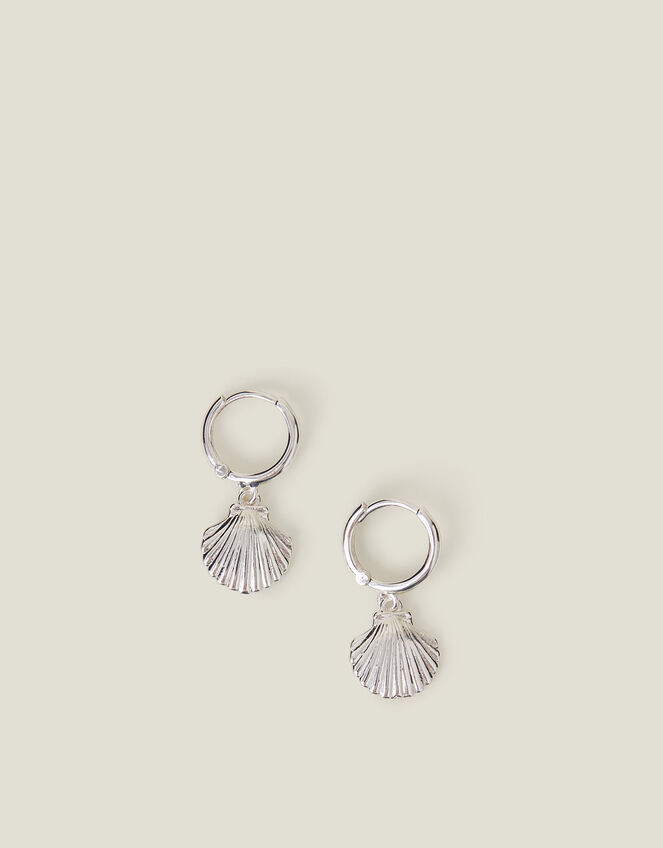 Sterling Silver-Plated Shell Hoops, , large
