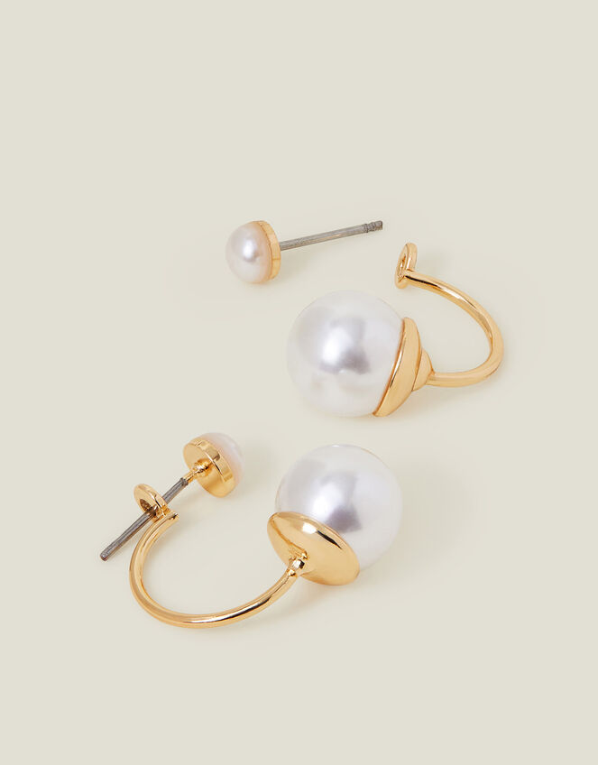 Pearl Double Stud Drop Earrings, , large