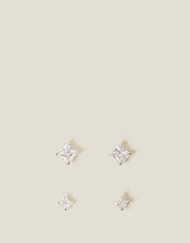 2-Pack Sterling Silver Square Crystal Studs, , large