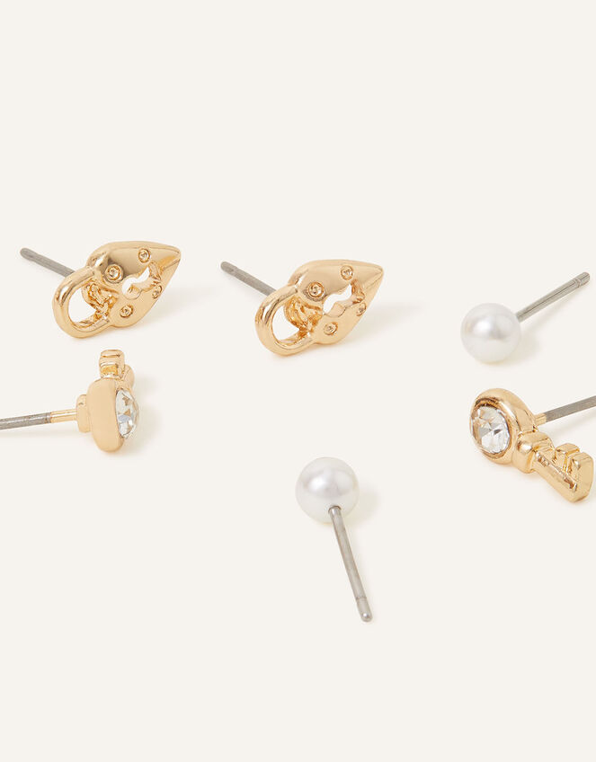 Lock and Key Stud Earrings Set of Three Studs Accessorize UK