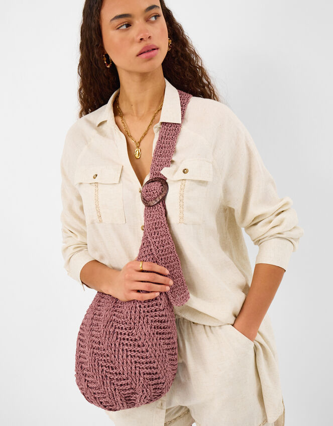 Slouchy Raffia Crossbody Bag, , large
