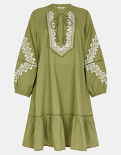 Embroidered Long Sleeve Mini Dress, Green (KHAKI), large