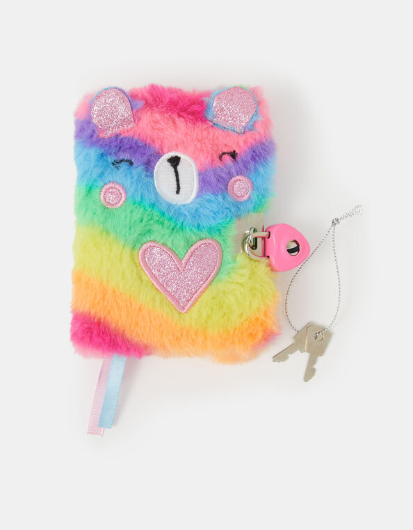 Girls Faux Fur Bear Lockable Journal, , large