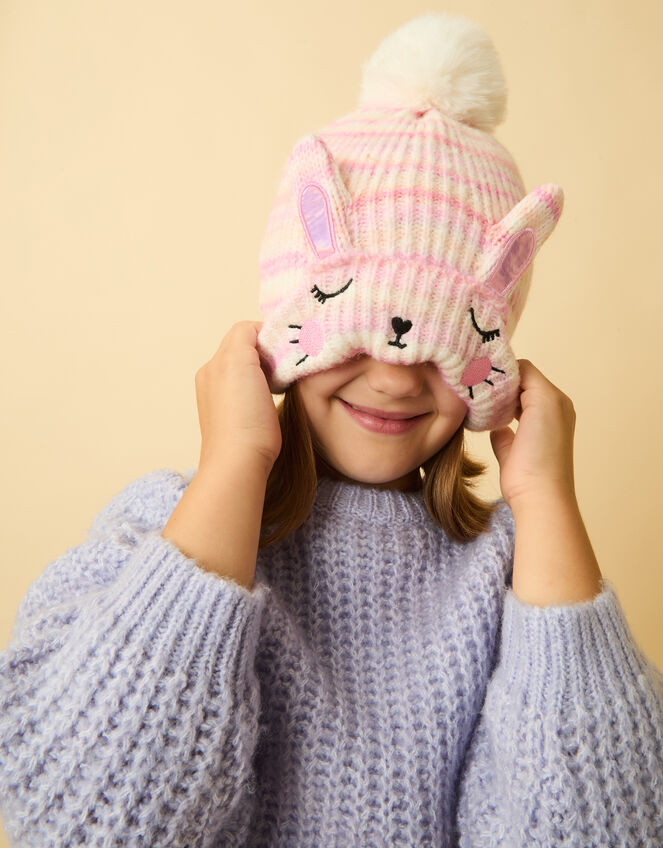 Girls Bunny Stripe Bobble Hat, Multi (PASTEL MULTI), large