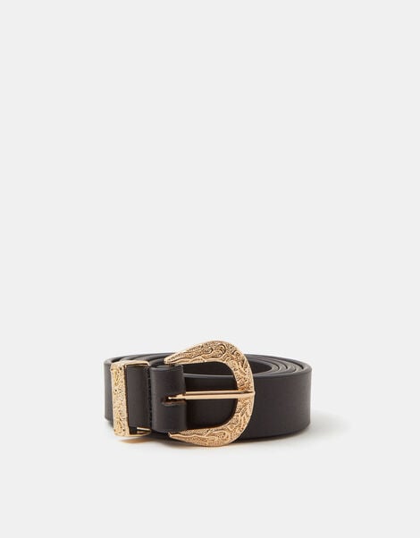 Leather Western Buckle Belt, Black (BLACK), large