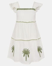 Palm Embroidered Frilly Mini Dress, Ivory (IVORY), large