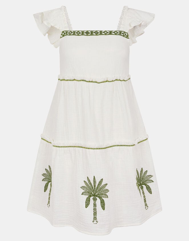 Palm Embroidered Frilly Mini Dress, Ivory (IVORY), large
