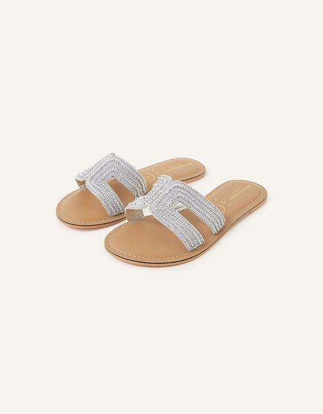 Bella Beaded Slip On Wide Fit Sandals, Silver (SILVER), large