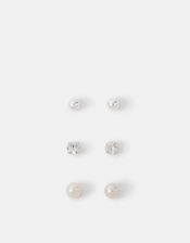 3-Pack Sterling Silver-Plated Pearl Mix Stud Earrings, , large