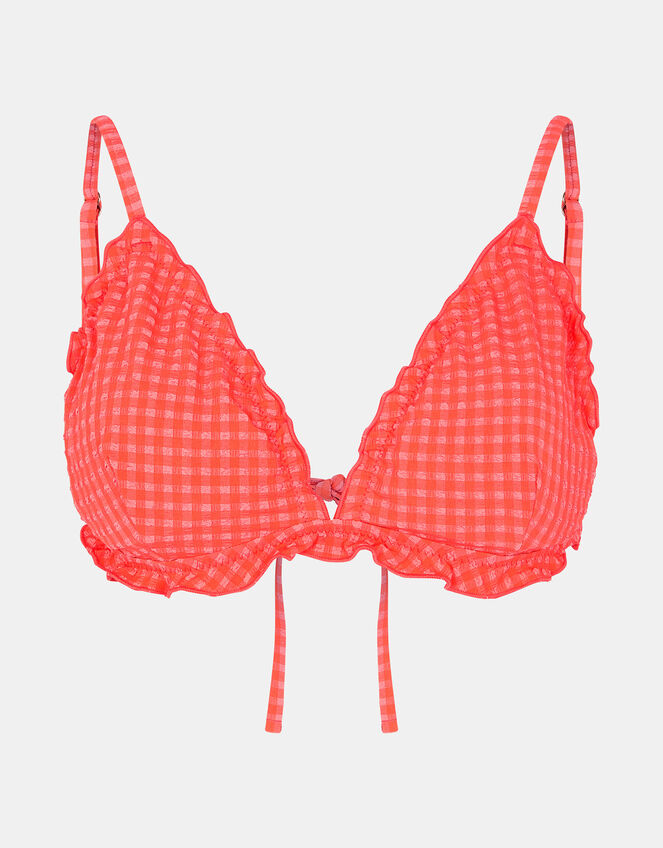 Frilly Seersucker Triangle Bikini Top, Orange (CORAL), large