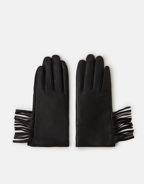 Fringe Leather Gloves, Black (BLACK), large