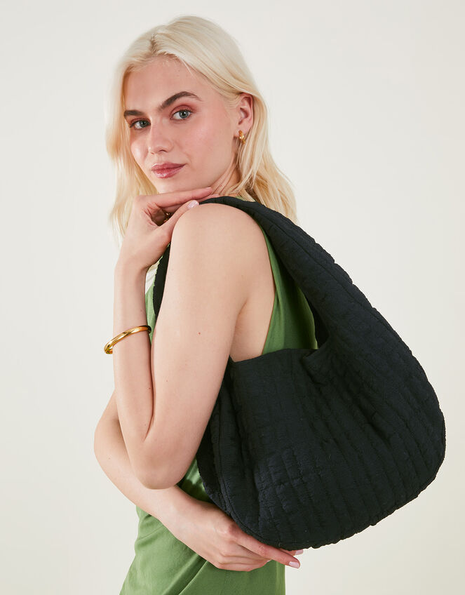 Seersucker Slouch Shoulder Bag, Black (BLACK), large