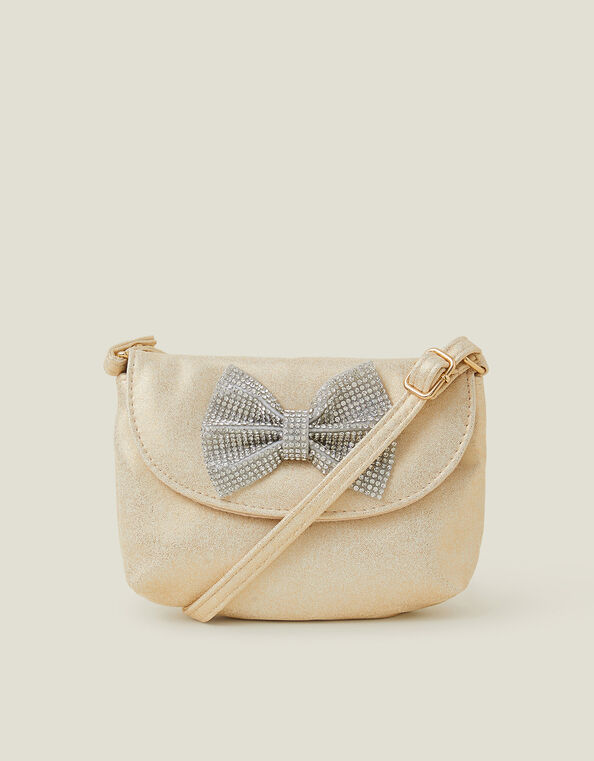 Girls Diamante Bow Metallic Bag, , large