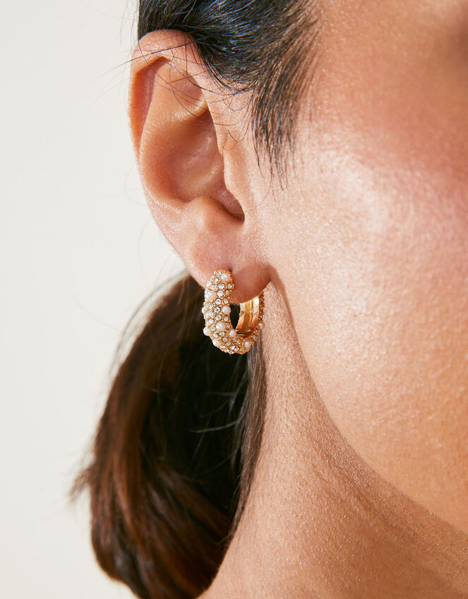 Pearl and Crystal Encrusted Hoops, , large