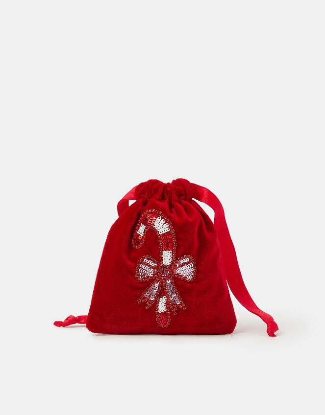 Candy Cane Velvet Drawstring Pouch, , large