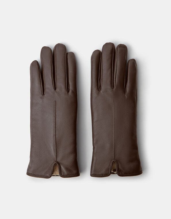 Faux Fur Lined Leather Gloves, Brown (CHOCOLATE), large